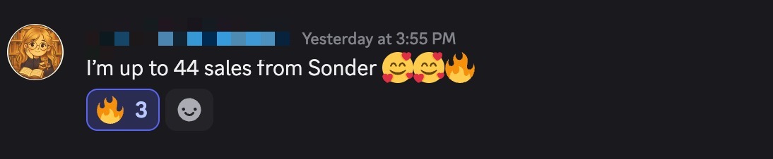 WhatsApp message: I'm up to 44 sales from Sonder